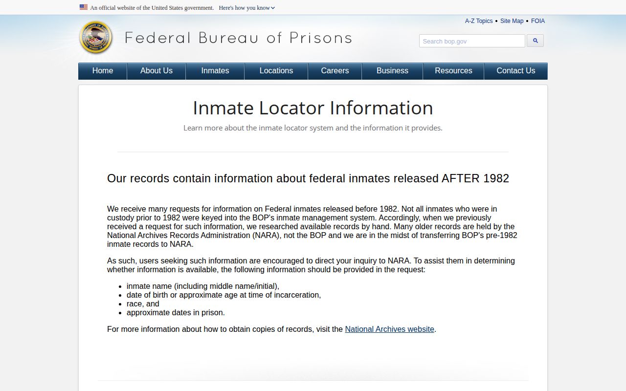 Federal Bureau of Prisons release record interpretation for Winkler County