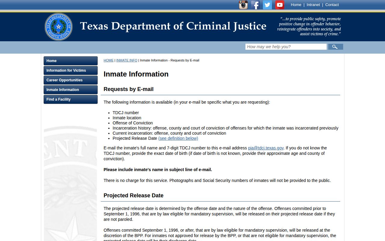 Winkler County TDCJ projected release date email request fields